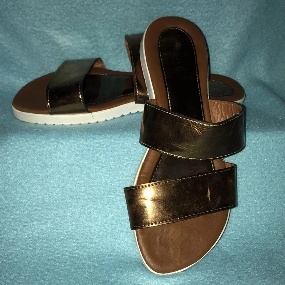 DENIL slide on sandals double straps made in Brazil copper color size 8 - Picture 2 of 4